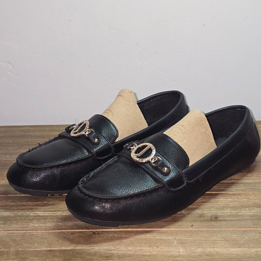 Jones New York Sunree Black Faux Leather Driving Loafers Size 9W Gold Bit Detail